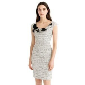 Kay Unger Tweed Sleeveless Floral Appliqué and Ruffle Neckline Sheath Dress